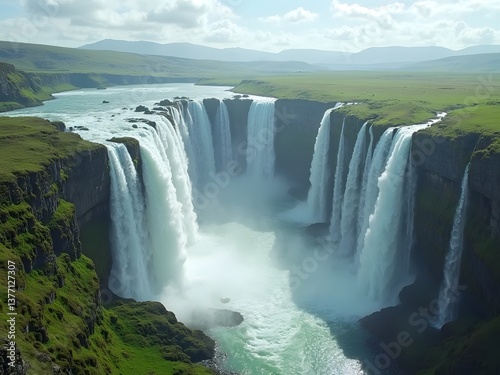 Towering Waterfall in an Open Highland: A massive waterfall plummeting from a high plateau, creating a powerful white torrent against the emerald valley below.