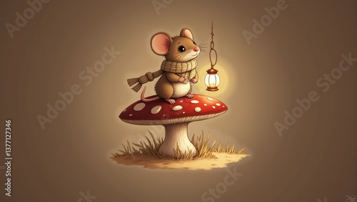 Tiny Mouse in Knitted Scarf Sitting on Mushroom Under Lantern Glow