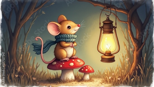 Tiny Mouse Wearing Knitted Scarf Sitting on Mushroom Under Lantern Glow
