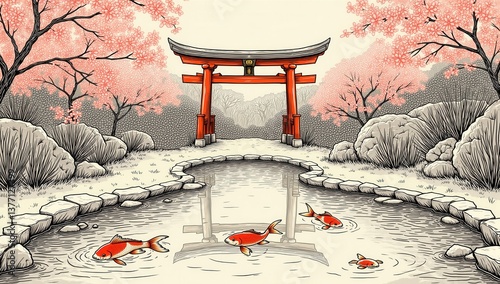 Tranquil Japanese Garden with Torii Gate and Koi Fish in Pond