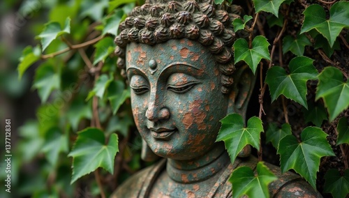 Serene Stone Buddha Statue Surrounded by Lush Green Ivy Leaves