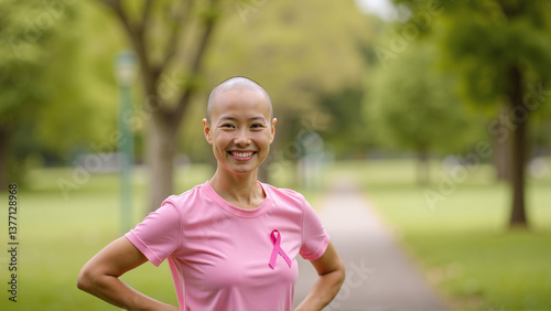 Strong and Determined Asian Woman Survivor in Pink Ribbon Attire