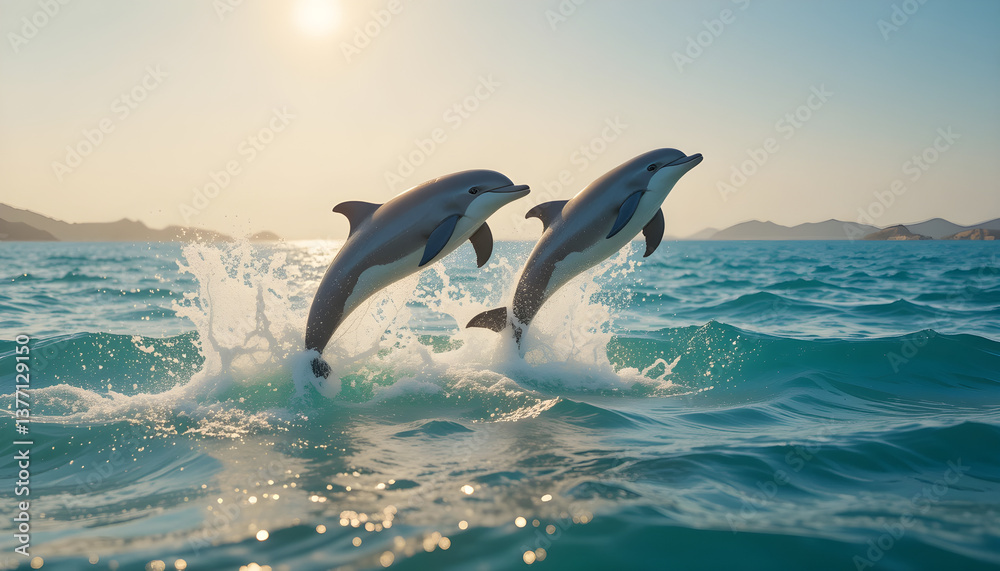 Fototapeta premium Dolphins jumping ocean sea marine life aquatic mammal wildlife nature travel vacation tourism adventure 100