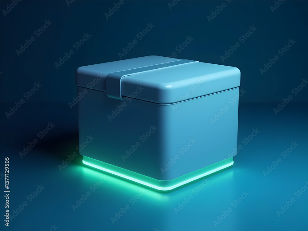 Futuristic Delivery Box Mockup, A sleek silver container with glowing accents offers a glimpse into the future of package delivery services and innovative design trends