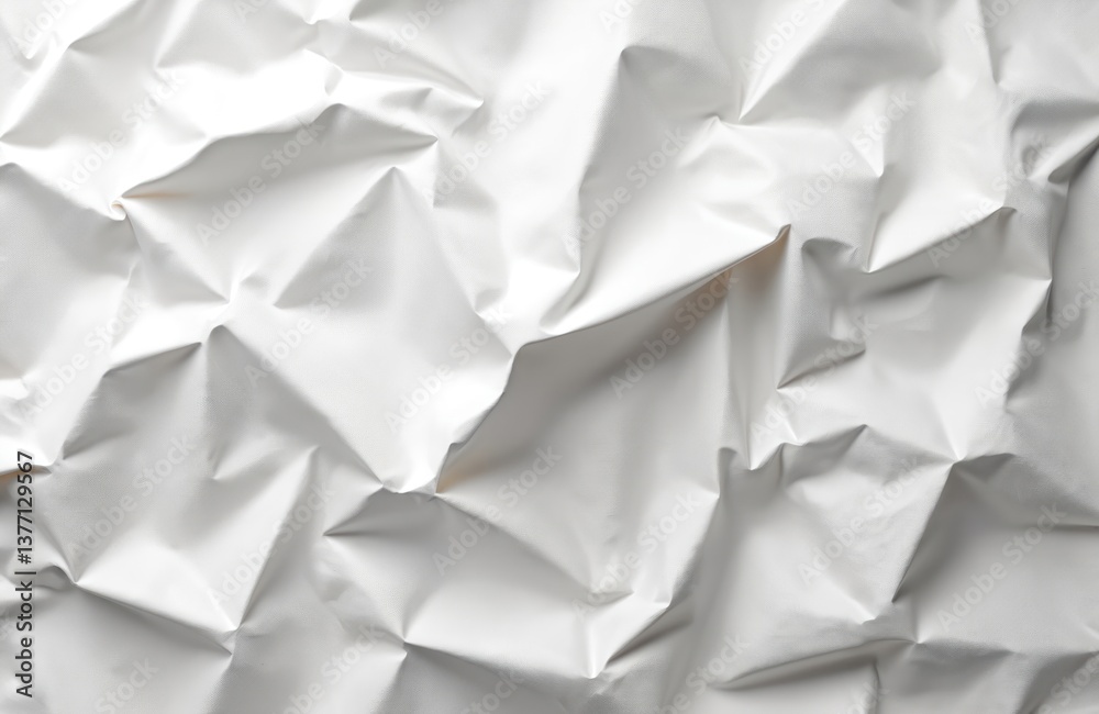 Obraz premium White crumpled paper texture. Abstract background of wrinkled paper surface. Crushed blank sheet with folds, creases, shadows. Ideal for design, overlay, mockup, 3D render, backdrop for advertising,