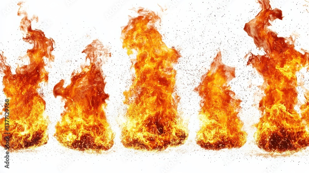 Multiple Flaming Fire Structures on White Background Multiple Flaming Fire Structures on White Background