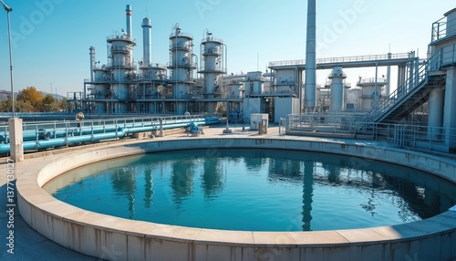 Modern water treatment plant cleans industrial wastewater. Purification tanks, processing reservoirs purify sewage water with industrial technology. Sustainable eco-friendly factory environment.