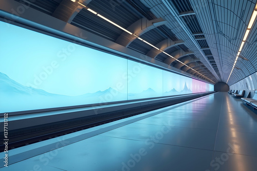 Futuristic train station with polished floor and high ceilings showcases a digital mountain range mural evoking a sense of adventure and possibilities
