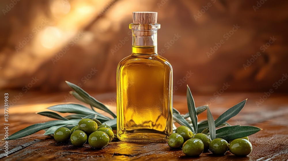 Olive oil bottle on rustic wooden table Olive oil bottle on rustic wooden table