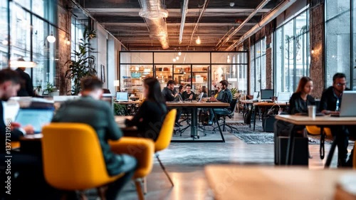 Wide-angle shot of a modern open office with people collaborating, warm lighting, and industrial decor, resembling a corporate video setting.