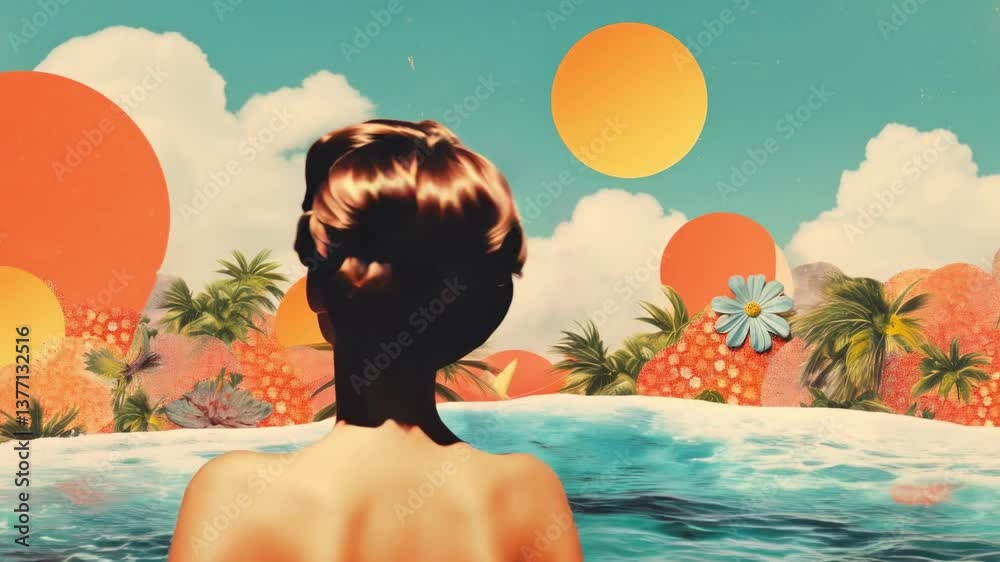 Surreal retro video concept with a low-angle view of a woman in colorful sunglasses, surrounded by tropical elements and vibrant skies.