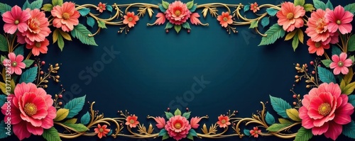 Intricate floral pattern frame with gold accents , vintage floral pattern, gold accent frame