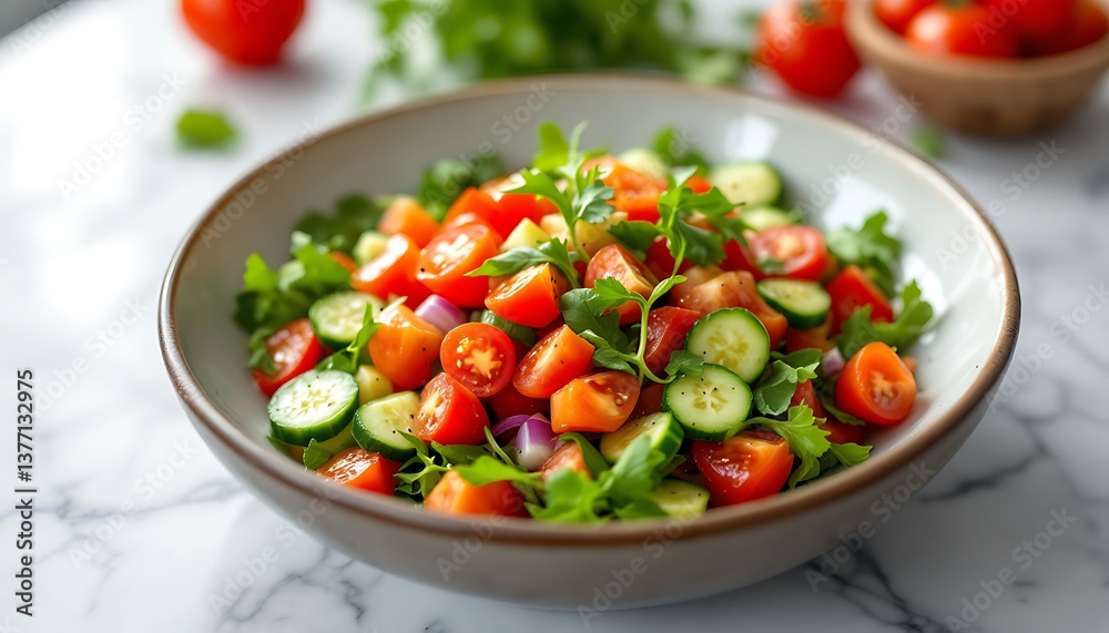 Fresh Tomato Cucumber Salad in Bowl with Parsley and Onion Fresh Tomato Cucumber Salad in Bowl with Parsley and Onion