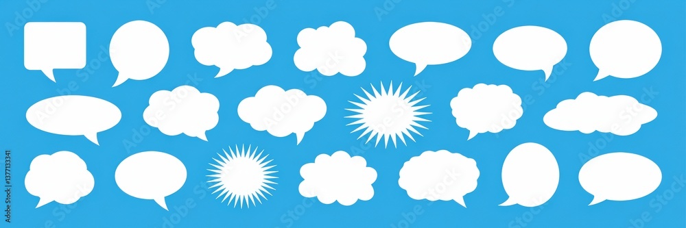 White speech and thought bubbles on blue background, various shapes for communication design. White speech and thought bubbles on blue background, various shapes for communication design.