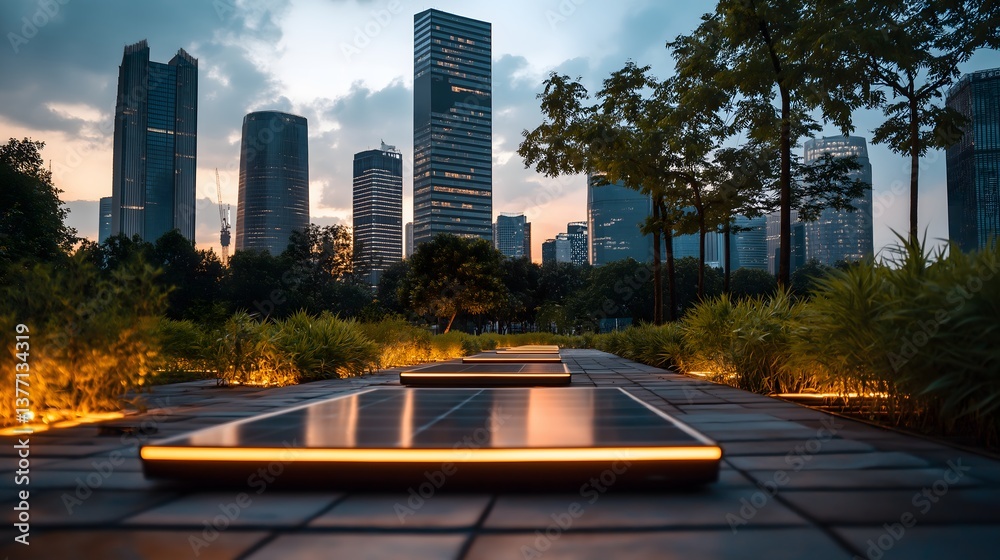 Obraz premium SDGs and renewable energy: Smart solar farms with AI-driven tracking panels, harnessing maximum sunlight, futuristic city skyline in background, glowing eco-friendly tech.