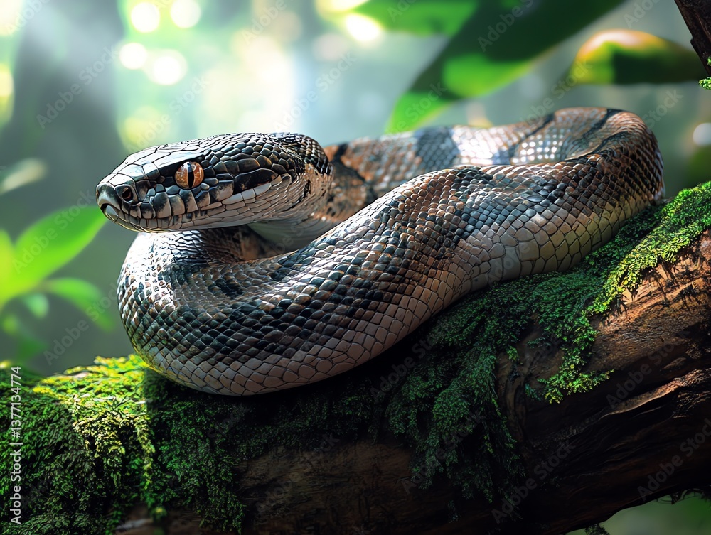 Resting Snake Coiled on Mossy Branch in Lush Natural Habitat Resting Snake Coiled on Mossy Branch in Lush Natural Habitat