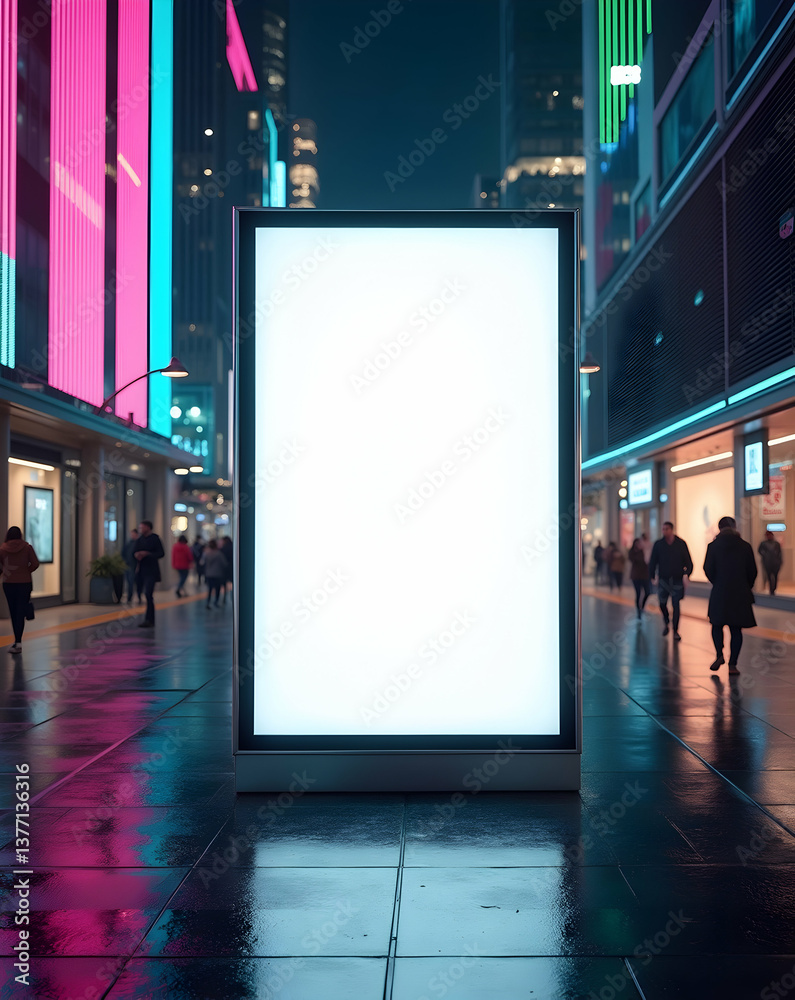 Illuminated urban advertisement billboard with a sleek silver edge and minimalist design, standing tall in a neon lit city street showcasing modern advertising possibilities