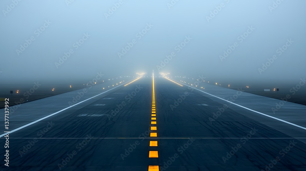 Fototapeta premium A wide shot of a runway shrouded in a thick mysterious fog with the runway lights guiding the way through the hazy atmosphere
