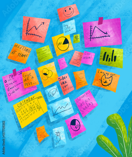 Colorful sticky notes and charts guide daily tasks and meetings