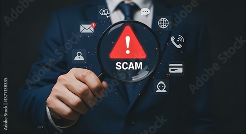 Scam Alert: Businessman Holding Magnifying Glass Over Red Warning Sign. Fraud Prevention, Online Security, Financial Crime, Cyber Security Awareness.