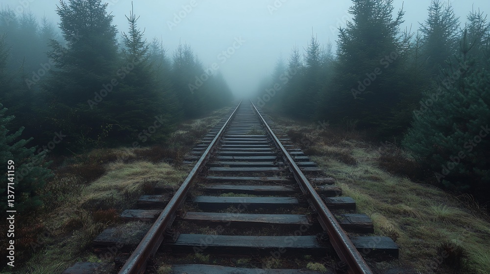 Fototapeta premium Mysterious railway path through dense forest shrouded in heavy fog, leading to vanishing point