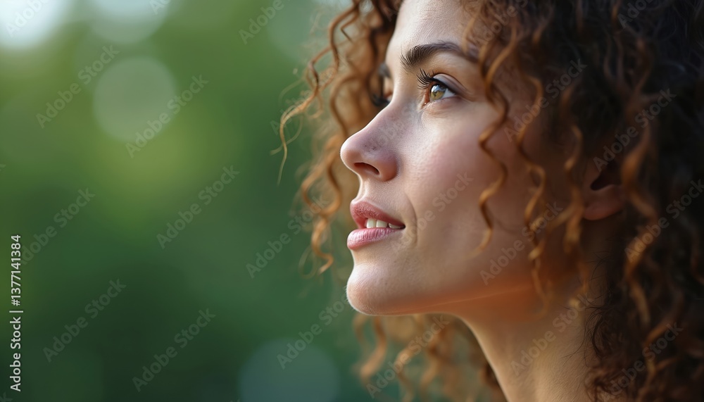 Fototapeta premium Young woman with curly hair looks upwards. Face profile of a female has a thoughtful expression. Happy girl thinks about ideas. Natural beauty portrait. New concept.