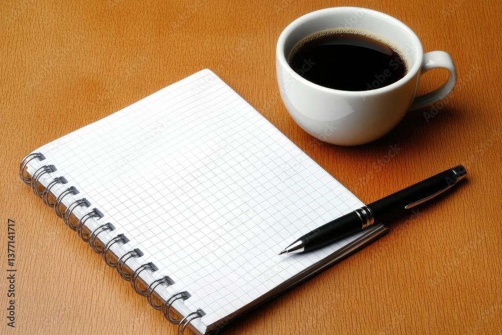 Blank notebook, coffee cup, and pen on a desk. Simple workspace setup Blank notebook, coffee cup, and pen on a desk. Simple workspace setup