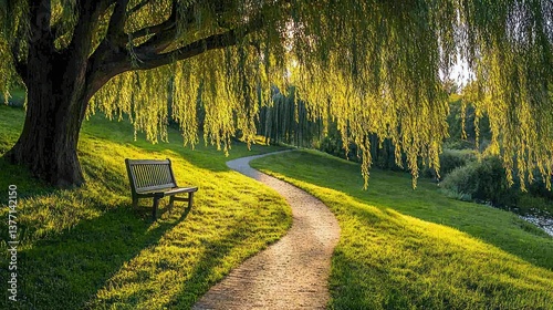 Sunlit park path with weeping willow
