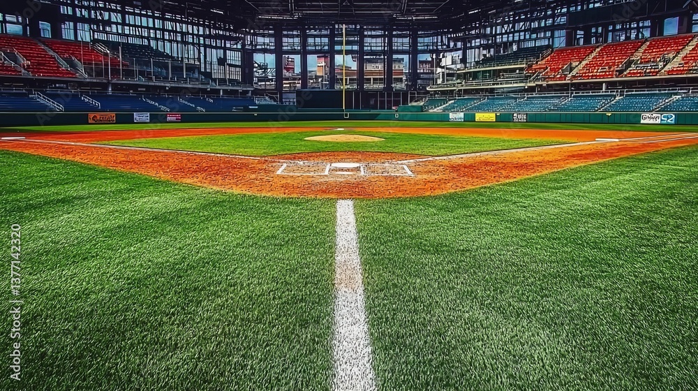 Fototapeta premium A vibrant baseball field showcasing a well-maintained green grass surface.
