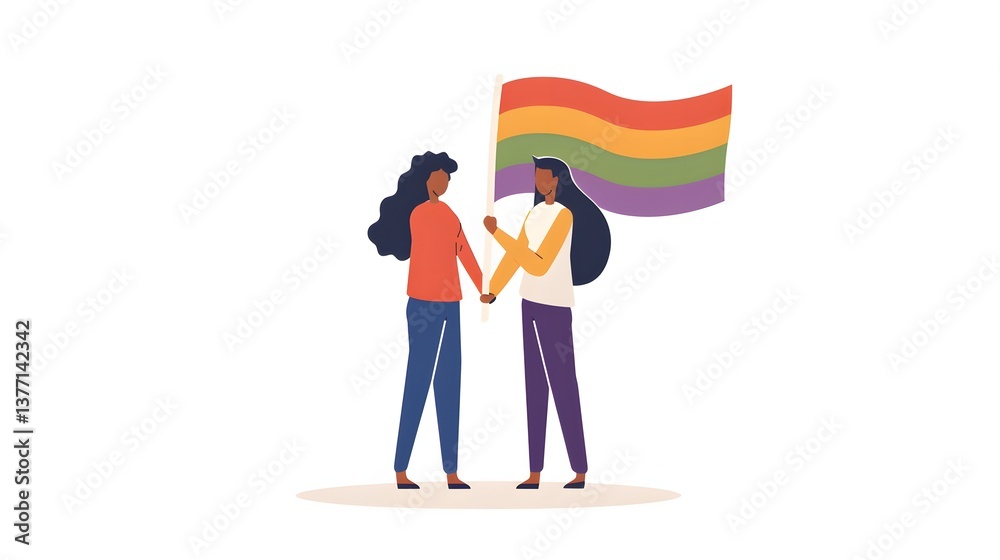 Two women hold hands with a rainbow flag, symbolizing LGBTQ pride. Minimalist vector art on a clean, white background. Two women hold hands with a rainbow flag, symbolizing LGBTQ pride. Minimalist vector art on a clean, white background.