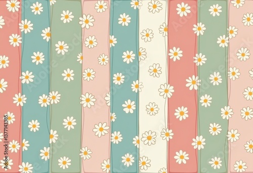 Create a charming, shabby chic design with daisy-patterned stripes in muted pastel colors for a cute and lovely clipart style, perfect for baby showers and spring events.
