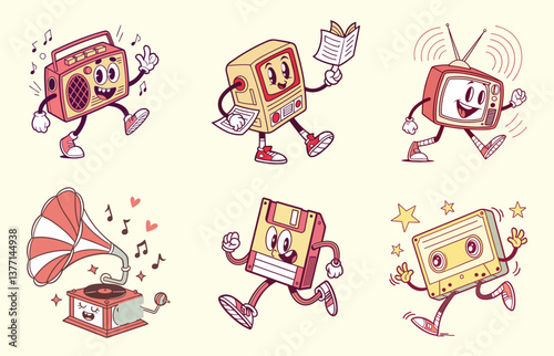 Retro Action, Cartoon Electronics, Fun Environment, Illustration, Nostalgic Vibe, Playful Style