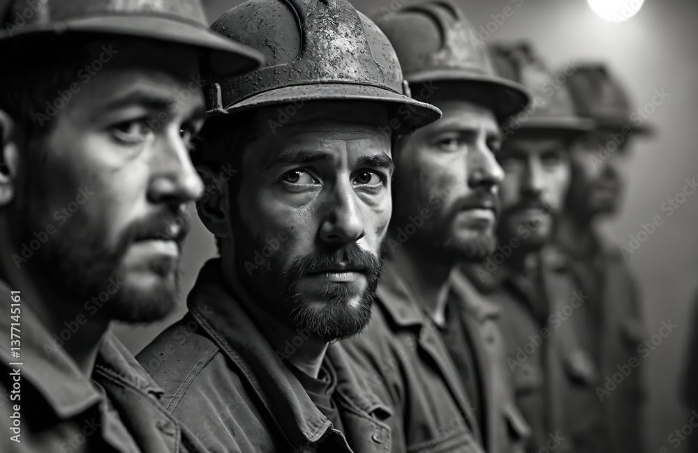 Monochrome photo coal miners with soot-covered faces, looking fatigued, contemplative. Men in workwear, industrial occupation. Group of workers in coal mine, hardworking, strong, resilient. Monochrome photo coal miners with soot-covered faces, looking fatigued, contemplative. Men in workwear, industrial occupation. Group of workers in coal mine, hardworking, strong, resilient.