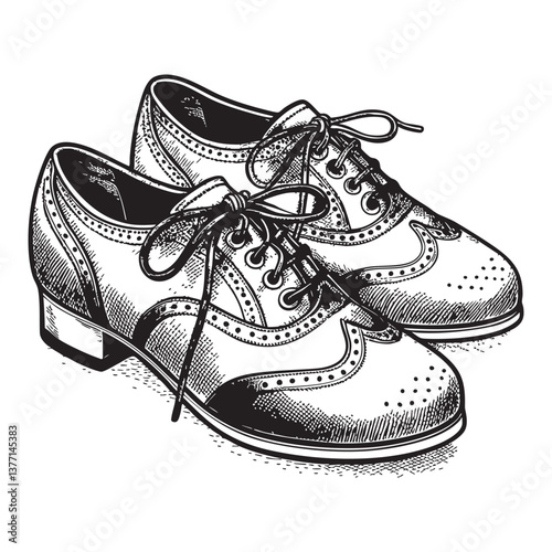 vintage oxford Tap shoes woodcut engraving vector illustration