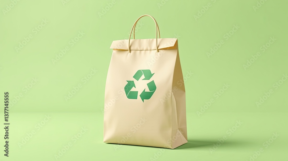 Paper bag with handles featuring a green recycle symbol Paper bag with handles featuring a green recycle symbol