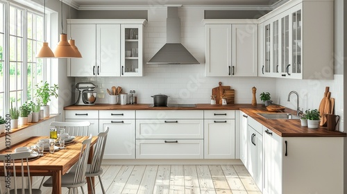 Bright, modern white kitchen with wooden accents, breakfast nook, and natural light. Use Interior design inspiration