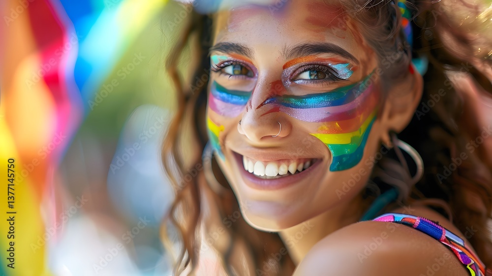 A close-up portrait of a smiling woman with rainbow paint on her face, celebrating LGBTQ pride outdoors. Joyful and vibrant expression. A close-up portrait of a smiling woman with rainbow paint on her face, celebrating LGBTQ pride outdoors. Joyful and vibrant expression.