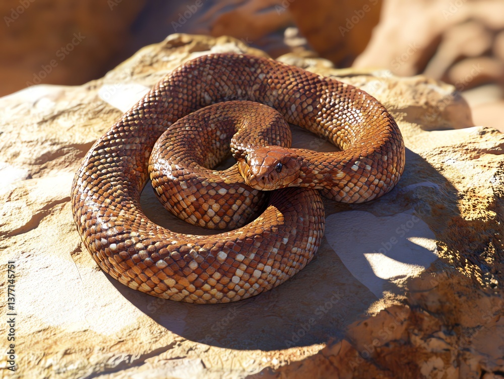 Fototapeta premium Coiled Snake Resting on a Rock Surface in a Desert Environment