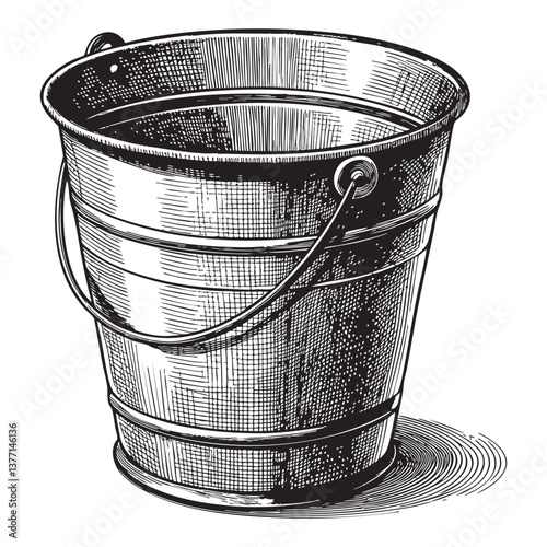 vintage metal bucket woodcut engraving vector illustration