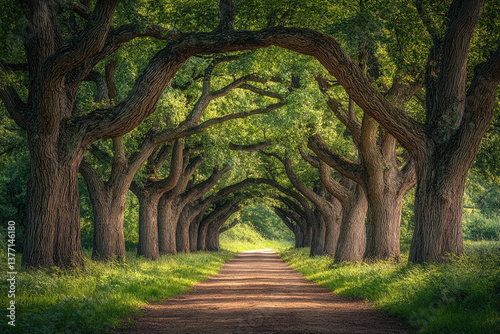 A peaceful forest path lined with towering oak trees, their branches forming a natural archway overhead.