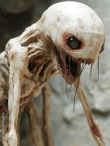 Close-up of a grotesque, pale creature with large eyes and a gaping mouth.  Its skin appears withered and decaying