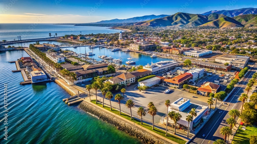 Naklejka premium Aerial View of Downtown Ventura, California: Coastal Cityscape Panorama