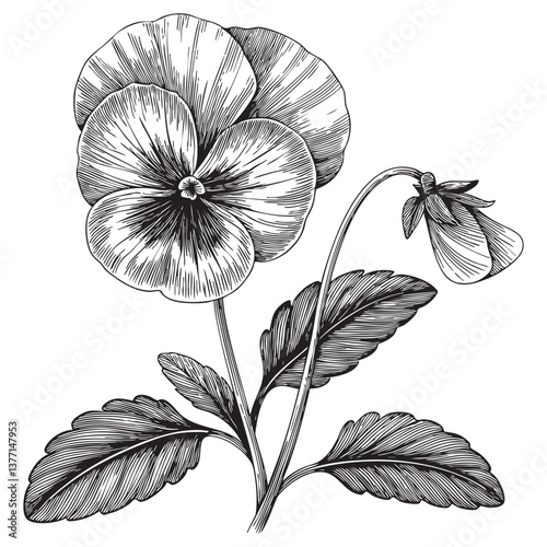 Pansy Flower woodcut engraving vector illustration