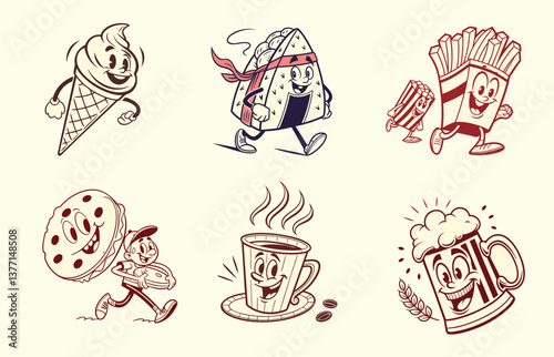 Food Characters, Retro Style, Fun Drinks and Snacks, Vintage Illustration, Cartoonish Environment, Whimsical Viewpoint