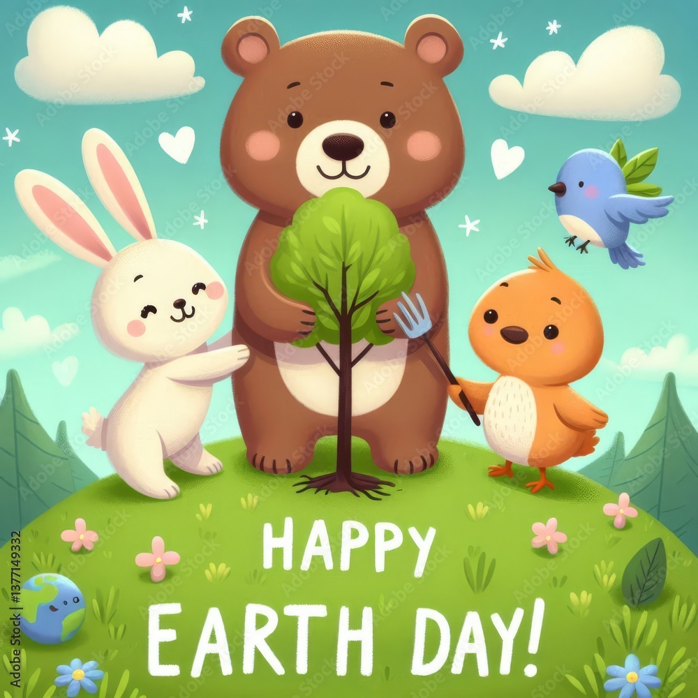 Naklejka premium Charming Earth Day greeting card illustration: Cute cartoon animals (a smiling bear, a rabbit, a bird) planting a small tree together on a grassy hill under a sunny sky