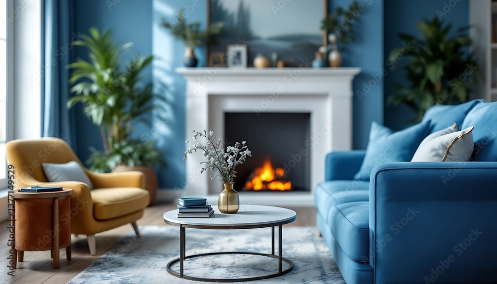 Fototapeta premium Cozy Living Room with Fireplace and Comfortable Seating Area Design