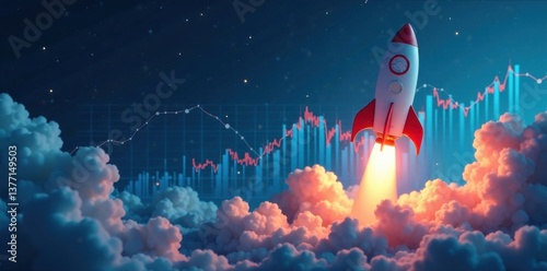 Fototapeta Naklejka Na Ścianę i Meble -  Rocket ship blasting off from the ground with a futuristic blue and white chart in the background , space, growth