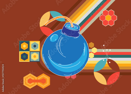 Retro 70s Background with Bomb. Groovy Exploding 1970s art template. Minimalistic Vintage design poster. Old-fashioned color artwork.