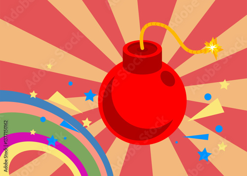 Retro 70s Background with Bomb. Groovy Exploding 1970s art template. Minimalistic Vintage design poster. Old-fashioned color artwork.