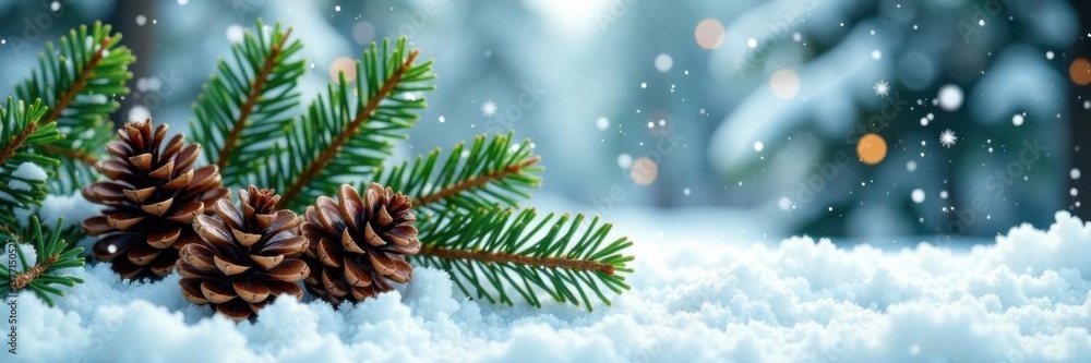 Rustic pine cones and fir branches on a snowy background, winter landscape, rustic decor Rustic pine cones and fir branches on a snowy background, winter landscape, rustic decor